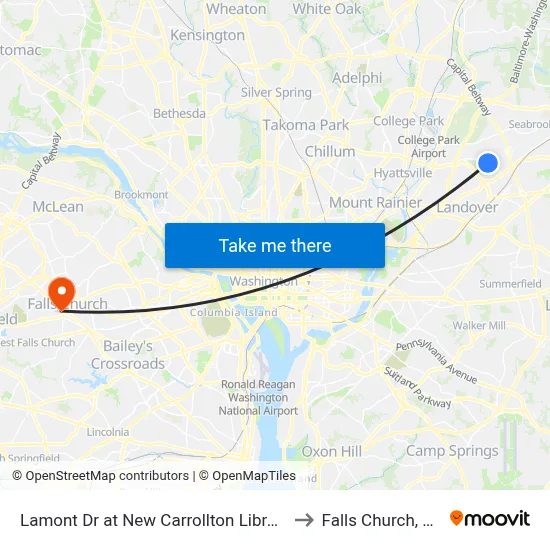 Lamont Dr at New Carrollton Library to Falls Church, VA map