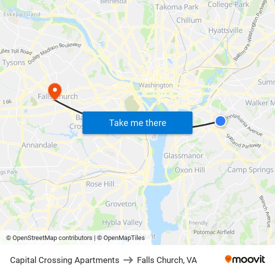 Capital Crossing Apartments to Falls Church, VA map