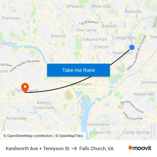 Kenilworth Ave + Tennyson St to Falls Church, VA map