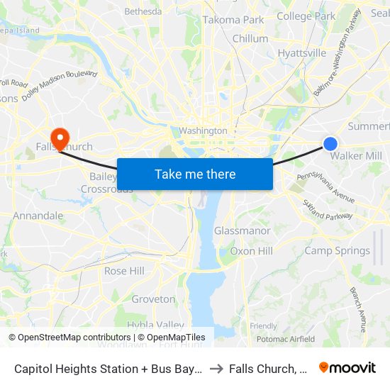 Capitol Heights Station + Bus Bay B to Falls Church, VA map