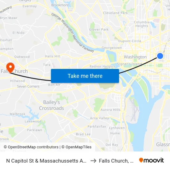 N Capitol St & Massachussetts Ave to Falls Church, VA map