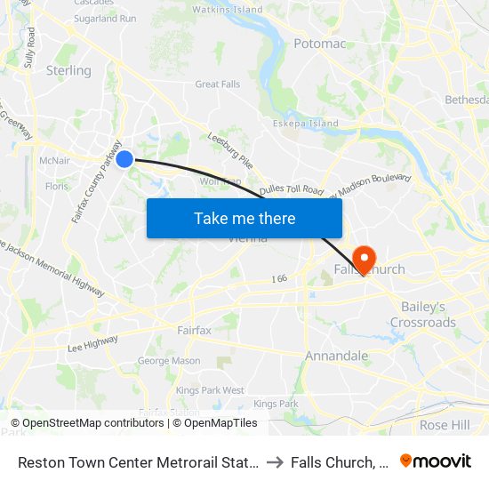 Reston Town Center Metrorail Station to Falls Church, VA map