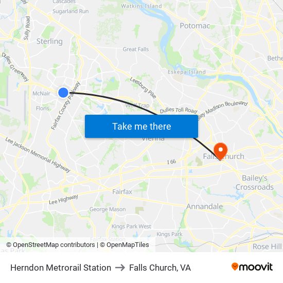 Herndon Metrorail Station to Falls Church, VA map