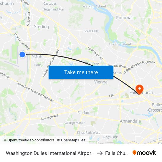 Washington Dulles International Airport Metrorail Station to Falls Church, VA map
