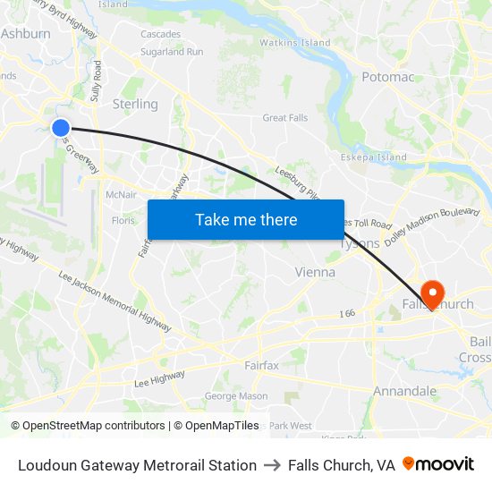 Loudoun Gateway Metrorail Station to Falls Church, VA map