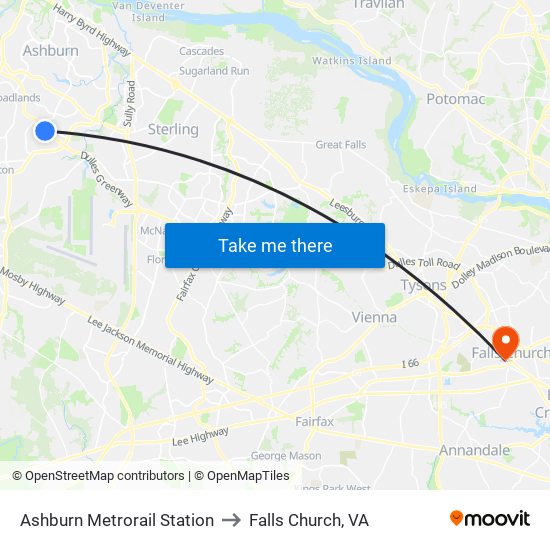 Ashburn Metrorail Station to Falls Church, VA map