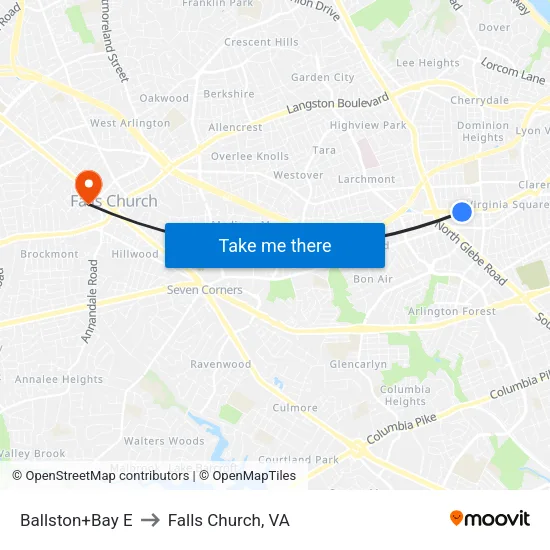 Ballston+Bay E to Falls Church, VA map