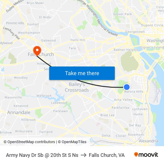 Army Navy Dr Sb @ 20th St S Ns to Falls Church, VA map