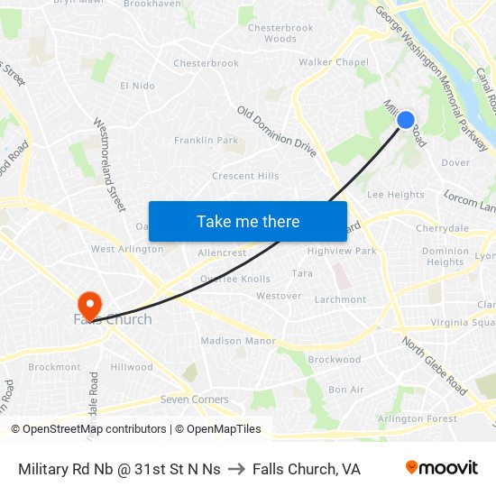 Military Rd Nb @ 31st St N Ns to Falls Church, VA map