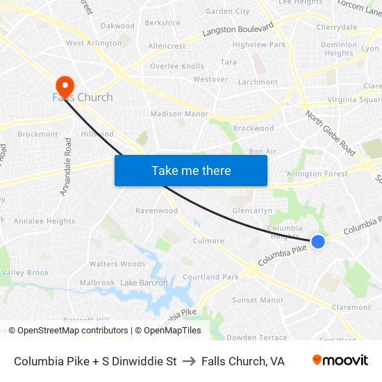 Columbia Pike + S Dinwiddie St to Falls Church, VA map