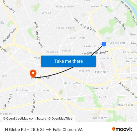 N Glebe Rd + 25th St to Falls Church, VA map