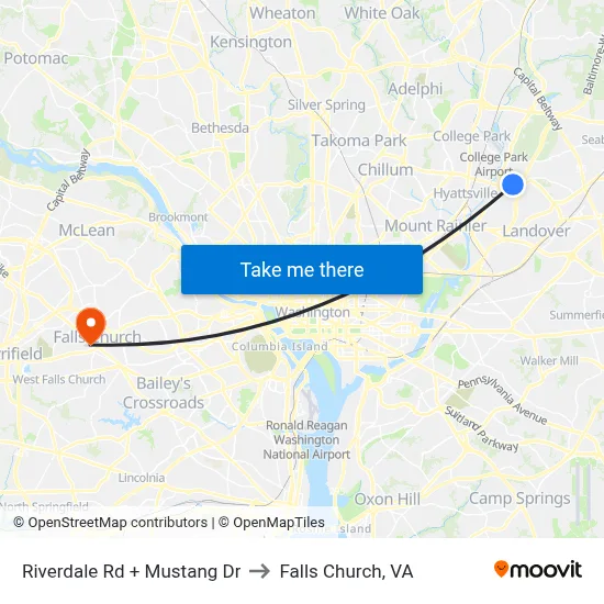 Riverdale Rd + Mustang Dr to Falls Church, VA map
