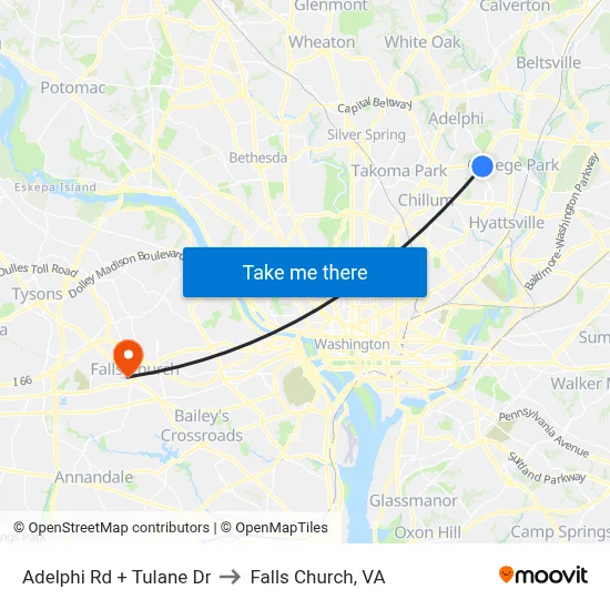 Adelphi Rd + Tulane Dr to Falls Church, VA map