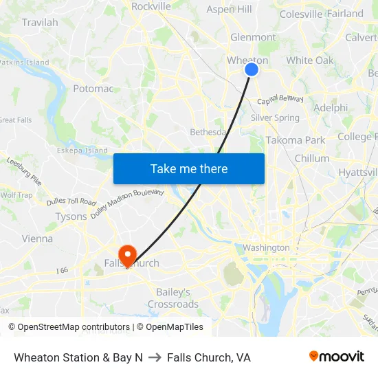 Wheaton Station & Bay N to Falls Church, VA map