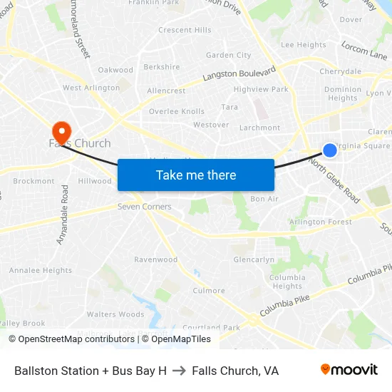 Ballston Station + Bus Bay H to Falls Church, VA map