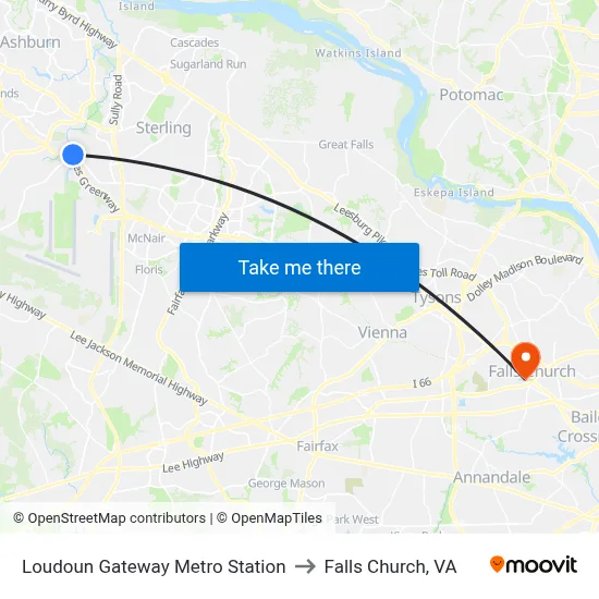 Loudoun Gateway Metro Station to Falls Church, VA map