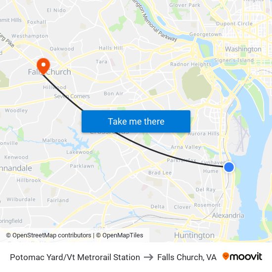 Potomac Yard/Vt Metrorail Station to Falls Church, VA map