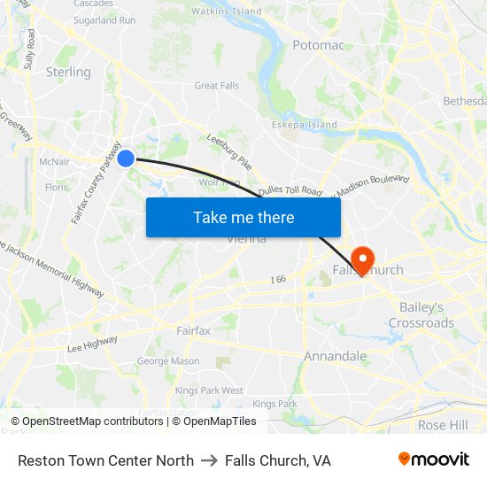 Reston Town Center North to Falls Church, VA map