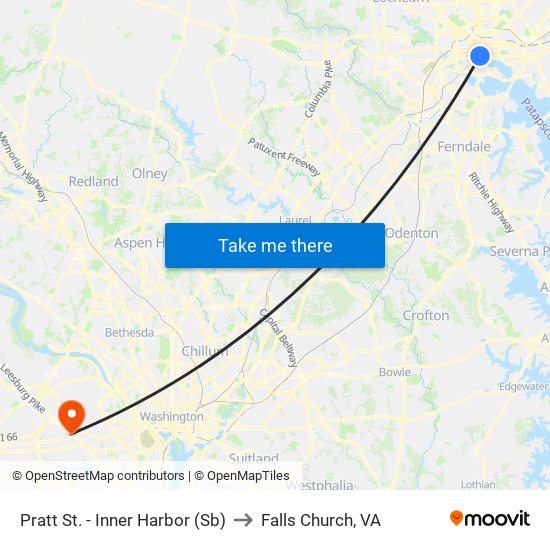 Pratt St. - Inner Harbor (Sb) to Falls Church, VA map