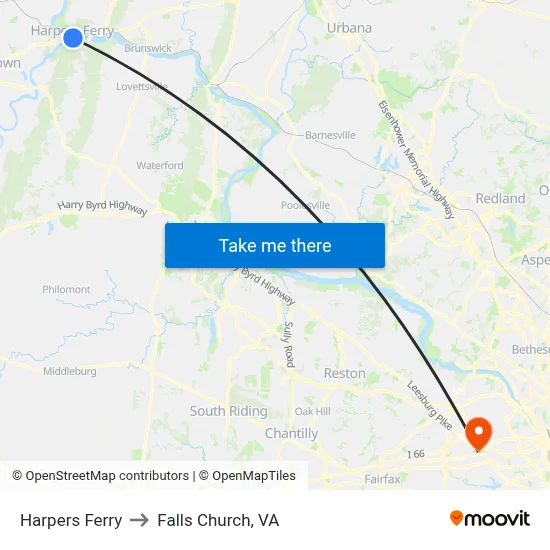Harpers Ferry to Falls Church, VA map