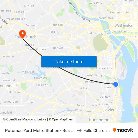 Potomac Yard Metro Station - Bus Bay A to Falls Church, VA map