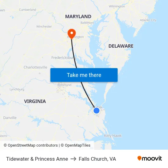 Tidewater & Princess Anne to Falls Church, VA map