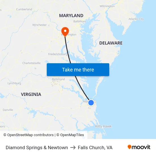 Diamond Springs & Newtown to Falls Church, VA map
