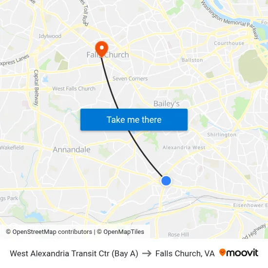 West Alexandria Transit Ctr (Bay A) to Falls Church, VA map