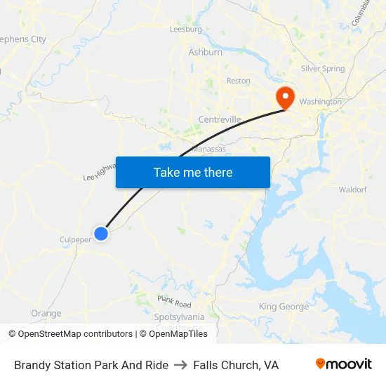 Brandy Station Park And Ride to Falls Church, VA map