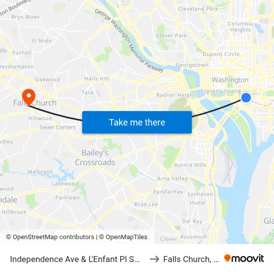 Independence Ave & L'Enfant Pl Sw Wb to Falls Church, VA map