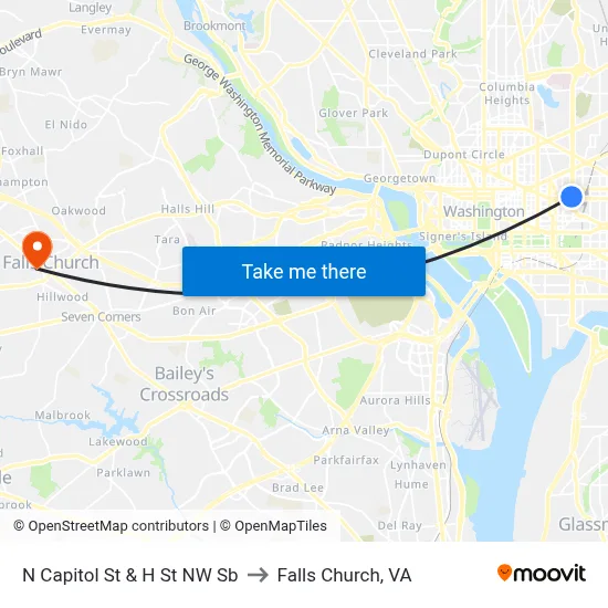 N Capitol St & H St NW Sb to Falls Church, VA map