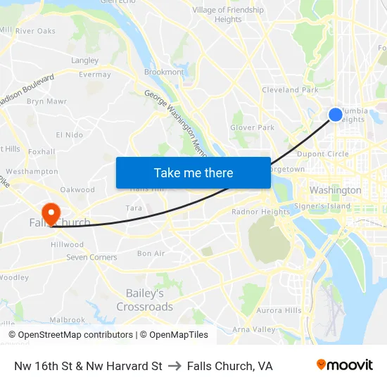 Nw 16th St & Nw Harvard St to Falls Church, VA map