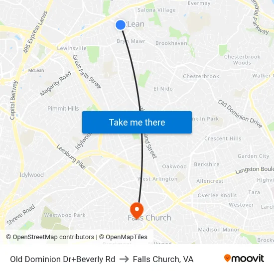 Old Dominion Dr+Beverly Rd to Falls Church, VA map