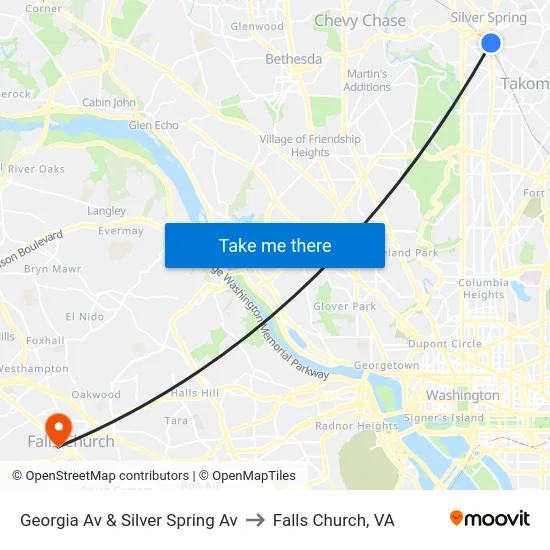 Georgia Av & Silver Spring Av to Falls Church, VA map
