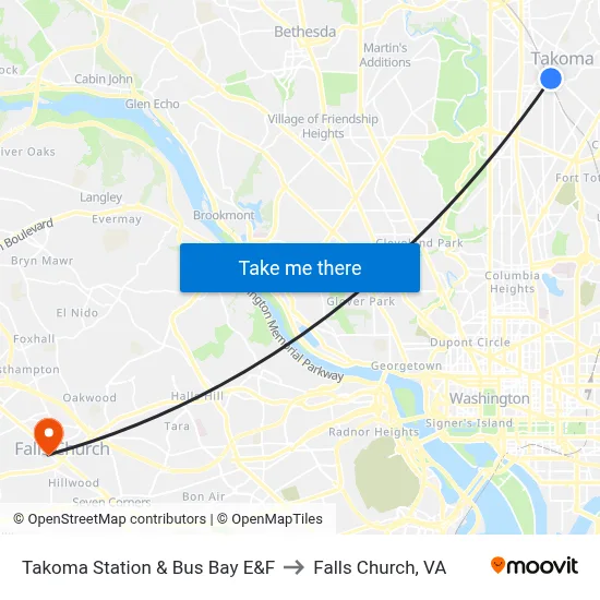 Takoma Station & Bus Bay E&F to Falls Church, VA map