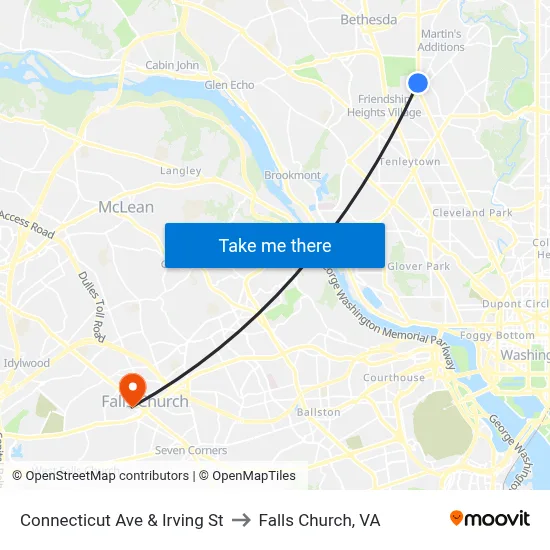 Connecticut Ave & Irving St to Falls Church, VA map