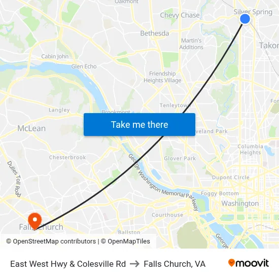 East West Hwy & Colesville Rd to Falls Church, VA map