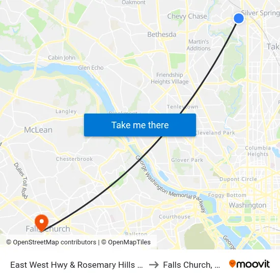 East West Hwy & Rosemary Hills Dr to Falls Church, VA map