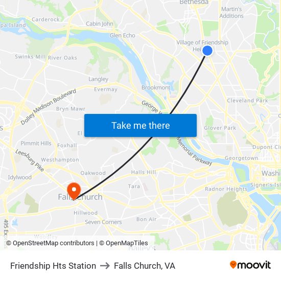 Friendship Hts Station to Falls Church, VA map