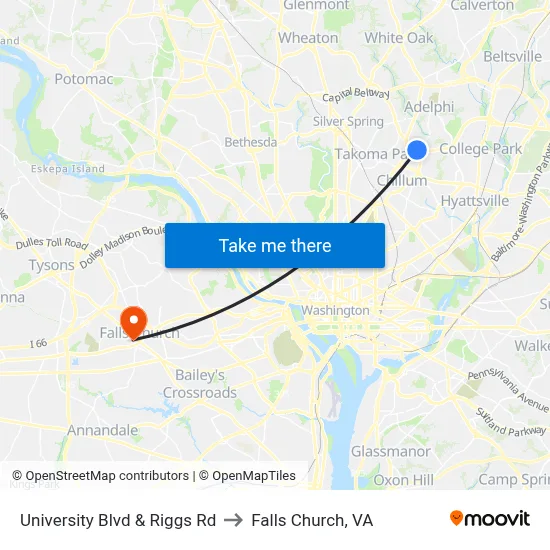 University Blvd & Riggs Rd to Falls Church, VA map