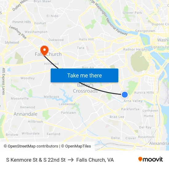 S Kenmore St & S 22nd St to Falls Church, VA map
