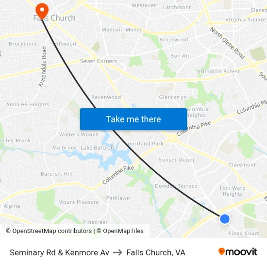 Seminary Rd & Kenmore Av to Falls Church, VA map