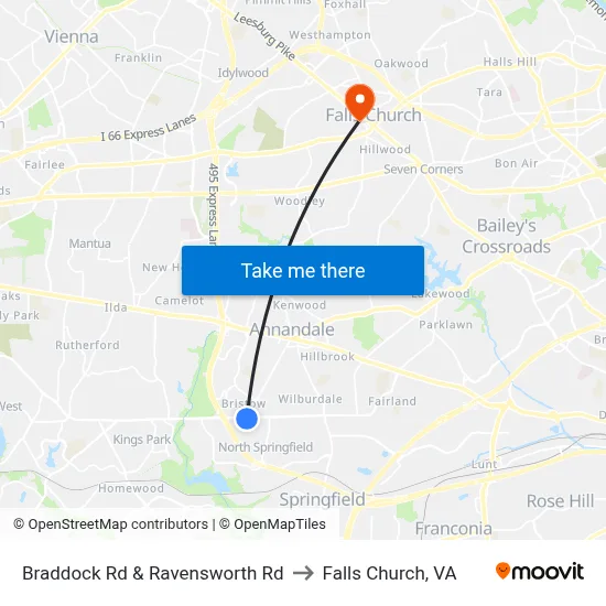 Braddock Rd & Ravensworth Rd to Falls Church, VA map