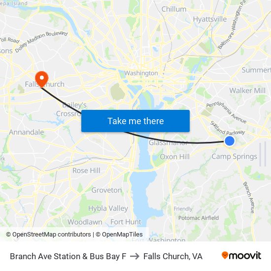 Branch Ave Station & Bus Bay F to Falls Church, VA map