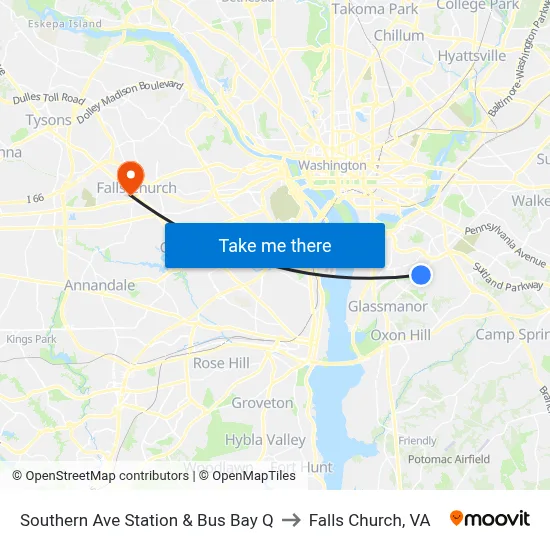 Southern Ave Station & Bus Bay Q to Falls Church, VA map