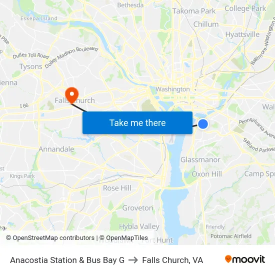 Anacostia Station & Bus Bay G to Falls Church, VA map