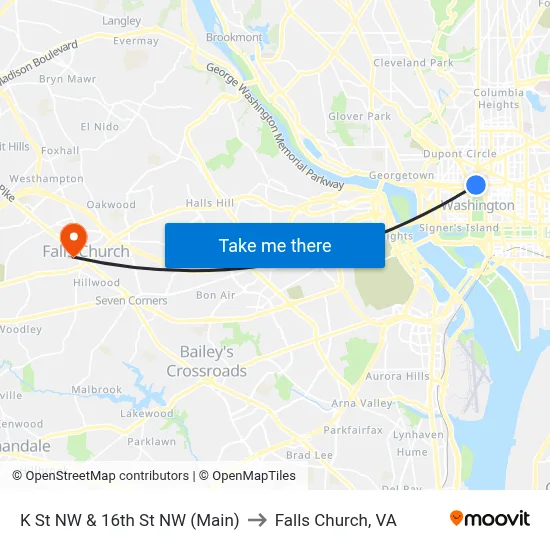 K St NW & 16th St NW (Main) to Falls Church, VA map