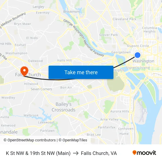 K St NW & 19th St NW (Main) to Falls Church, VA map