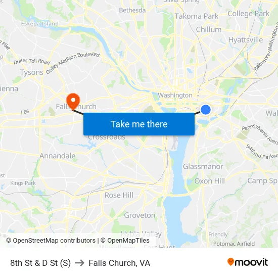 8th St & D St (S) to Falls Church, VA map