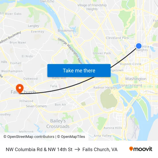 NW Columbia Rd & NW 14th St to Falls Church, VA map